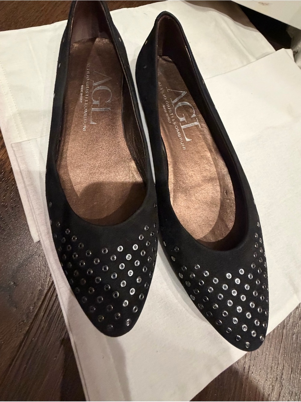 AGL Black Pointed Toe Studded Ballet Flats size 40